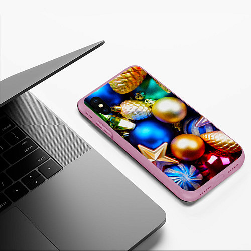 Чехол iPhone XS Max матовый Новогодние украшения / 3D-Розовый – фото 3