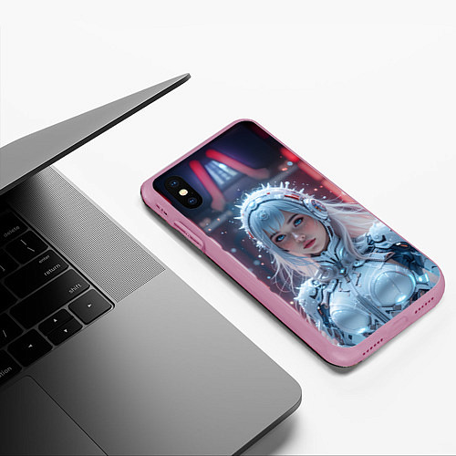 Чехол iPhone XS Max матовый Зимняя девушка в кибер костюме / 3D-Розовый – фото 3