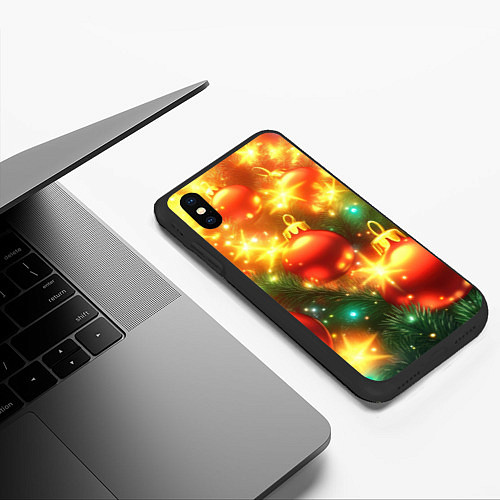 Чехол iPhone XS Max матовый Красные новогодние шары и гирлянда / 3D-Черный – фото 3