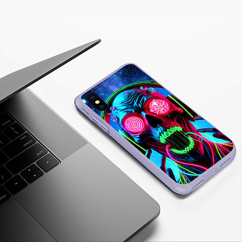 Чехол iPhone XS Max матовый Metallica - neon skull with headphones / 3D-Светло-сиреневый – фото 3