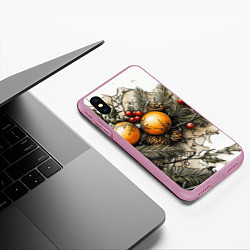 Чехол iPhone XS Max матовый Желтые новогодние шары и шишки, цвет: 3D-розовый — фото 2