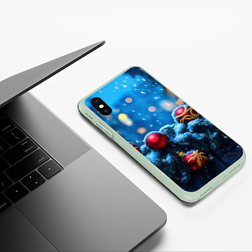 Чехол iPhone XS Max матовый Новогодняя ночь и красные шары / 3D-Салатовый – фото 3