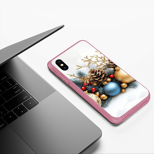 Чехол iPhone XS Max матовый Шарики новогодние и шишки / 3D-Малиновый – фото 3