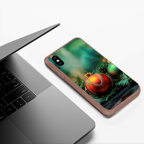 Чехол iPhone XS Max матовый Новогодние шары на ветках / 3D-Коричневый – фото 3