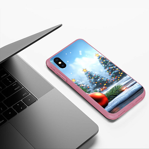 Чехол iPhone XS Max матовый Новогодние елки и шар / 3D-Малиновый – фото 3