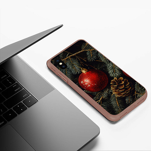 Чехол iPhone XS Max матовый Красные новогодние шары с шишкой / 3D-Коричневый – фото 3