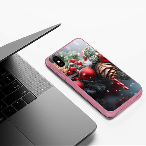 Чехол iPhone XS Max матовый Новогодние украшения на ветках / 3D-Малиновый – фото 3