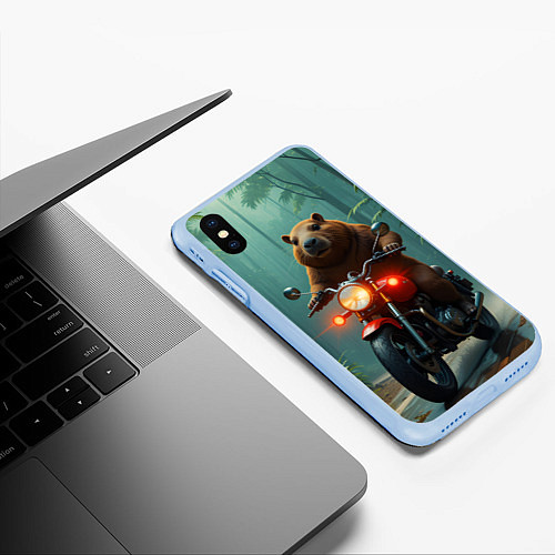 Чехол iPhone XS Max матовый Капибара на мотоцикле в джунглях / 3D-Голубой – фото 3