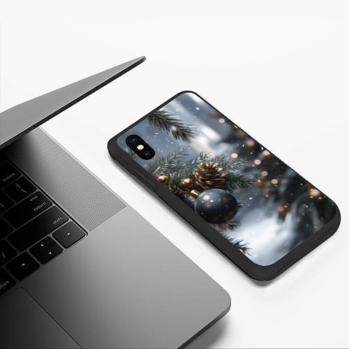 Чехол iPhone XS Max матовый Золотистые шары на ветках / 3D-Черный – фото 3