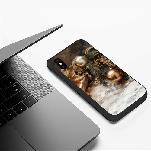 Чехол iPhone XS Max матовый Коричневые новогодние шары и шишки / 3D-Черный – фото 3