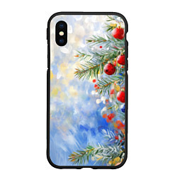 Чехол iPhone XS Max матовый Пейзаж новогодние игрушки и елка, цвет: 3D-черный