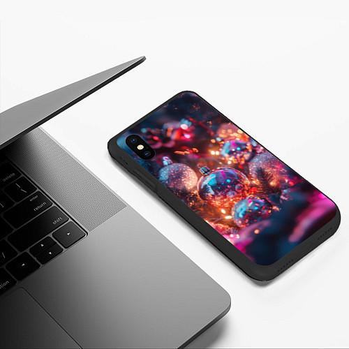 Чехол iPhone XS Max матовый Новогодние шары и фиолетовые блески / 3D-Черный – фото 3