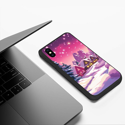 Чехол iPhone XS Max матовый Новогодние домики и фиолетовый закат / 3D-Черный – фото 3