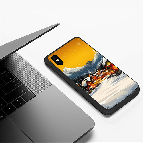 Чехол iPhone XS Max матовый Ламповый новый год - домики / 3D-Черный – фото 3