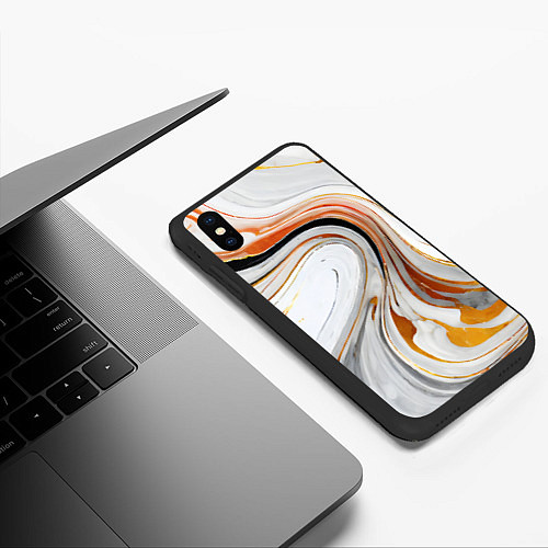 Чехол iPhone XS Max матовый Волнистые чёрно-жёлтые линии на белом фоне / 3D-Черный – фото 3