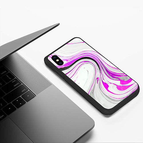 Чехол iPhone XS Max матовый Волнистые чёрно-фиолетовые линии на белом фоне / 3D-Черный – фото 3