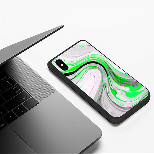 Чехол iPhone XS Max матовый Волнистые чёрно-зелёные линии на белом фоне / 3D-Черный – фото 3