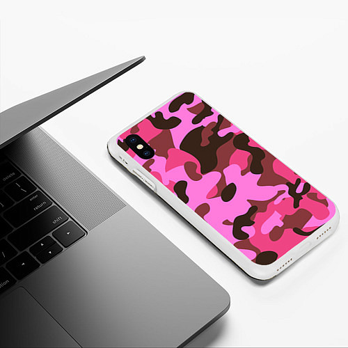 Чехол iPhone XS Max матовый Камуфляж: розовый/коричневый / 3D-Белый – фото 3