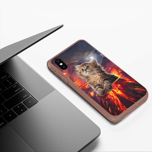 Чехол iPhone XS Max матовый Кот на вулкане / 3D-Коричневый – фото 3