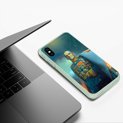 Чехол iPhone XS Max матовый Георгий Жуков: Маршал Победы / 3D-Салатовый – фото 3