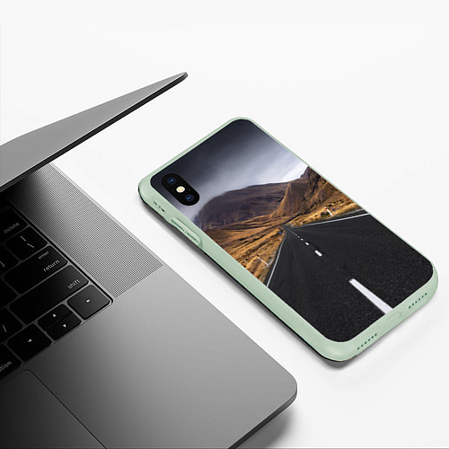Чехол iPhone XS Max матовый Пейзаж горная трасса / 3D-Салатовый – фото 3