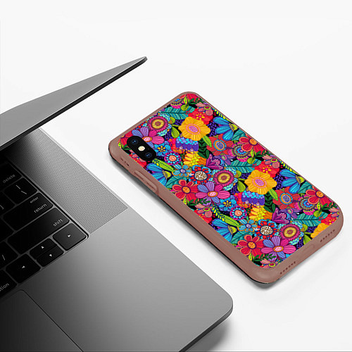 Чехол iPhone XS Max матовый Яркие цветы / 3D-Коричневый – фото 3