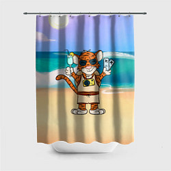 Шторка для душа Тигр в отпуске на новый год на море, цвет: 3D-принт