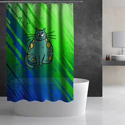 Шторка для душа Прикольный зеленый кот, цвет: 3D-принт — фото 2