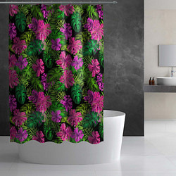 Шторка для душа Тропические листья и цветы на черном фоне, цвет: 3D-принт — фото 2