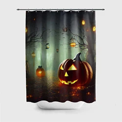 Шторка для душа Тыква на Хэллоуин в ночном туманном лесу, цвет: 3D-принт