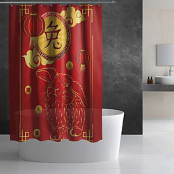 Шторка для душа Китайский иероглиф и золотой кролик на красном фон, цвет: 3D-принт — фото 2