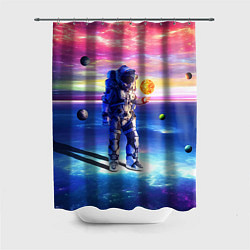 Шторка для душа Космонавт среди планет в виртуальной вселенной, цвет: 3D-принт