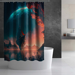 Шторка для душа Абстрактный летающий корабль и луна, цвет: 3D-принт — фото 2
