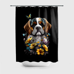 Шторка для душа Бернский зенненхунд - щенок с цветами, цвет: 3D-принт