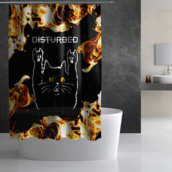 Шторка для душа Disturbed рок кот и огонь, цвет: 3D-принт — фото 2