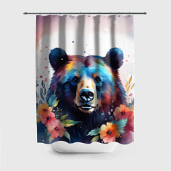 Шторка для душа Портрет медведя гризли с цветами акварелью, цвет: 3D-принт