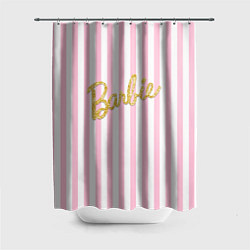 Шторка для душа Barbie - золотая надпись и бело-розовые полосы, цвет: 3D-принт