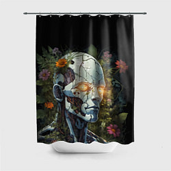 Шторка для душа Киборг с треснувшей головой и растениями со светящ, цвет: 3D-принт