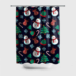Шторка для душа Снеговички с рождественскими оленями и елками, цвет: 3D-принт