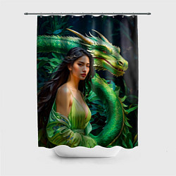 Шторка для ванной Нейросеть - девушка с зелёным драконом