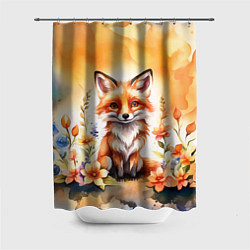 Шторка для душа Рыжая лиса с цветами акварелью, цвет: 3D-принт