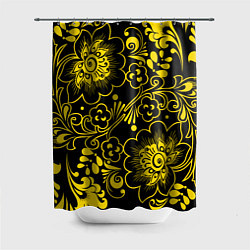 Шторка для душа Хохломская роспись золотые цветы на чёроном фоне, цвет: 3D-принт
