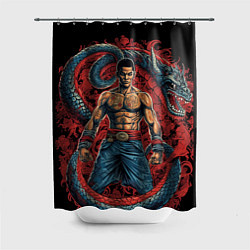 Шторка для душа Боец Муай-тай и огромный дракон, цвет: 3D-принт