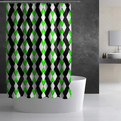 Шторка для душа Зелёные и белые ромбы на чёрном фоне, цвет: 3D-принт — фото 2