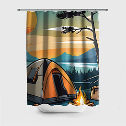 Шторка для душа Костер палатка возле озера, цвет: 3D-принт