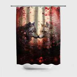 Шторка для душа Волк и волчица в бутонах цветов, цвет: 3D-принт