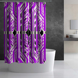Шторка для душа Бело-фиолетовые техно полосы на чёрном фоне, цвет: 3D-принт — фото 2