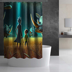 Шторка для душа Морти и Рик на планете носорогов - неоновое свечен, цвет: 3D-принт — фото 2