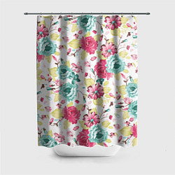 Шторка для душа Розы красные и бирюзовые, цвет: 3D-принт