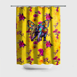 Шторка для душа Слон с крыльями бабочки на цветочном фоне, цвет: 3D-принт